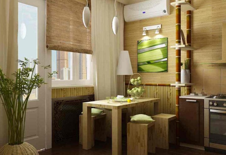 бамбуковые рулонные шторы в интерьере кухни