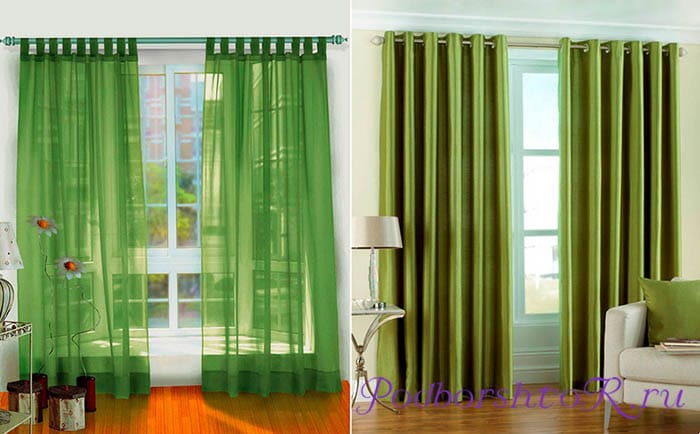 Серые обои зеленые шторы в интерьере