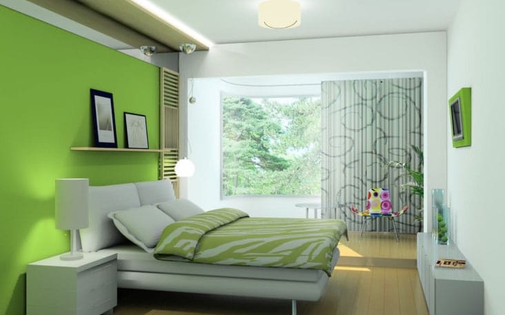 белые шторы в комнату с зелеными обоями