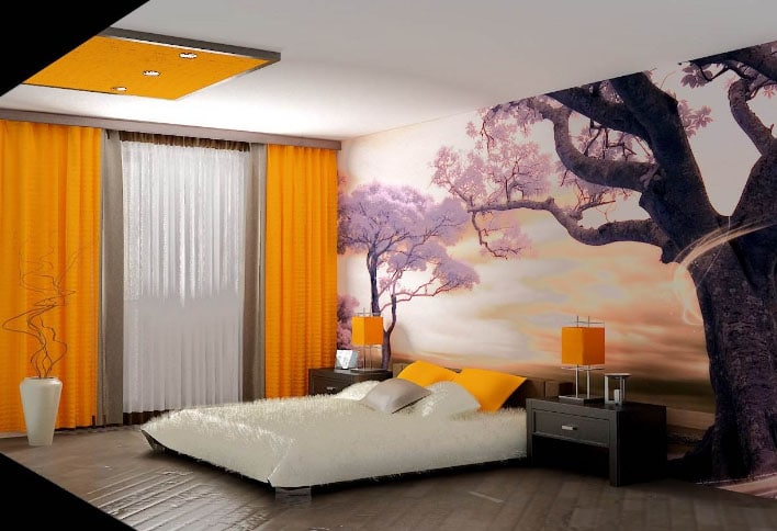 оранжевые шторы в интерьере спальни